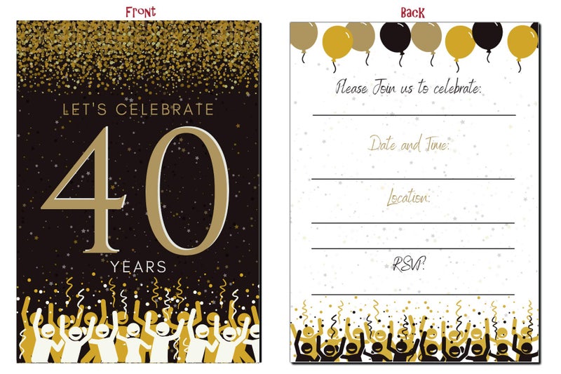 Elcer 40th Birthday Party Invitations | 40 Years celebration | Happy Anniversary | 5 x 7 | Black & Gold | Fill In Style 20 Count with Envelopes | You're Invited | Surprise Party - Image 2